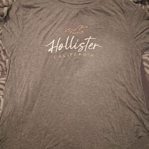 Hollister Gray Tee with White Script and Gold Accents
